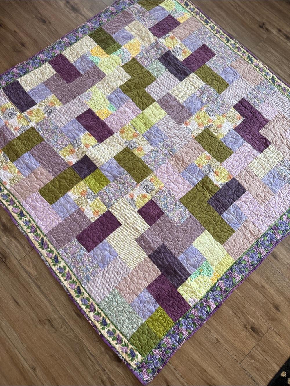 Handmade Pastel Patchwork Quilt - Lavender, Olive & Cream